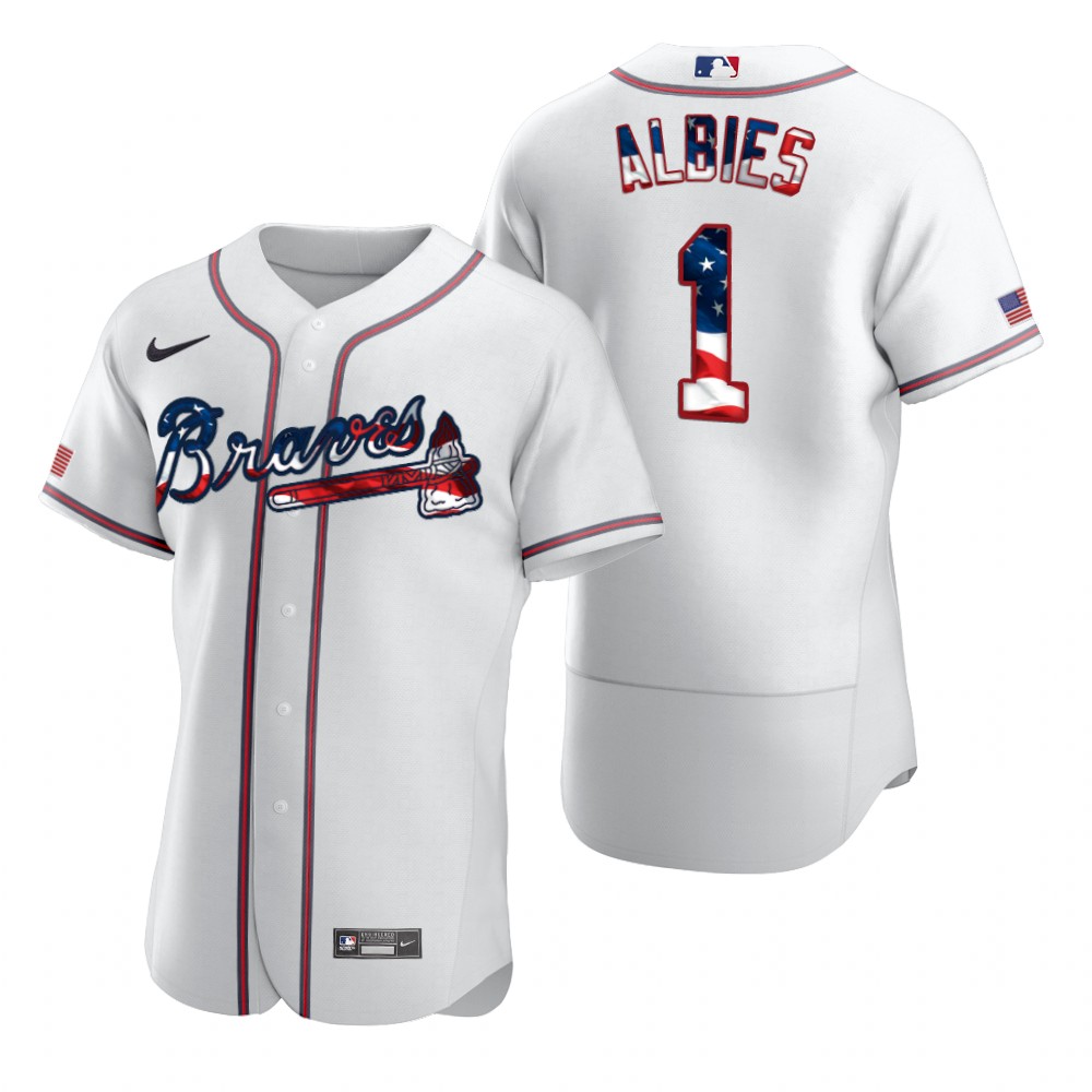 Atlanta Braves 1 Ozzie Albies Men Nike White Fluttering USA Flag Limited Edition Authentic MLB Jersey